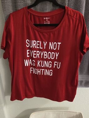 SHEIN Red Short-Sleeve Graphic Tee with White Slogan